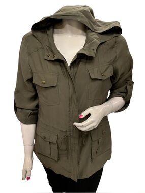 Amanda Green Hooded Olive Utility Jacket with Drawstring Waist Size XL